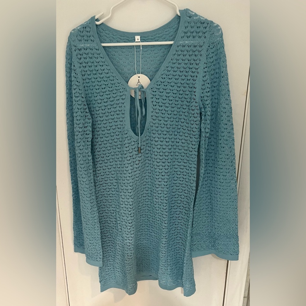 Anrabess Women's Teal Blue Open Knit V Neck Long Sleeve ClassicTop Size S NWT